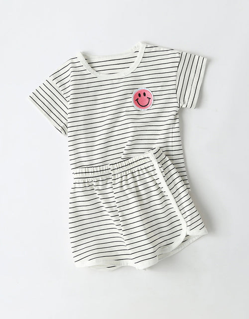 Load image into Gallery viewer, Baby Smiley Patched Pattern Striped Graphic Tee Combo Shorts Sets by MyKids-USA™
