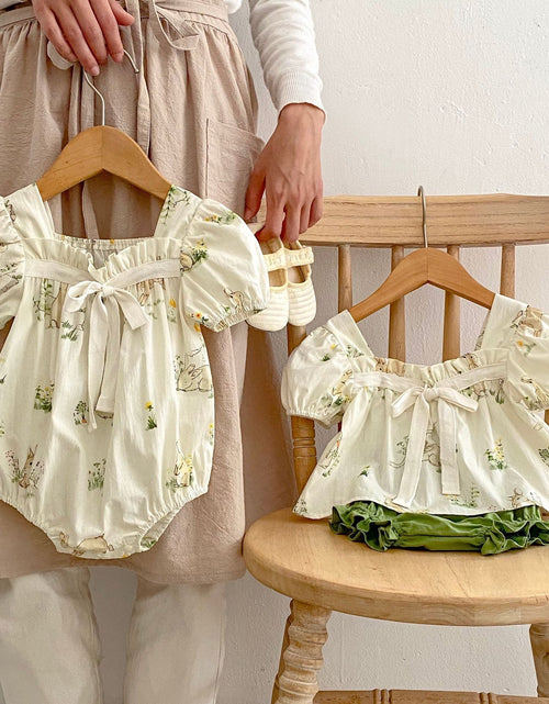 Load image into Gallery viewer, Bunny Pattern Square Neck Bow Tie Puff Sleeve Onesies &amp; Sets by MyKids-USA™
