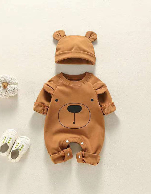 Load image into Gallery viewer, Baby Girl Bear Print Pattern Solid Color Long-Sleeved Rompers With Hat In Spring &amp; Autumn by MyKids-USA™
