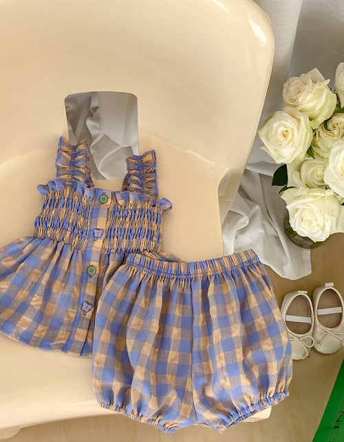 Load image into Gallery viewer, Baby Plaid Pattern Sling Blouses With Shorts Summer Sets by MyKids-USA™

