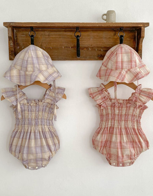 Load image into Gallery viewer, Baby Girl Plaid Pattern Flying Sleeves Onesies With Hat by MyKids-USA™
