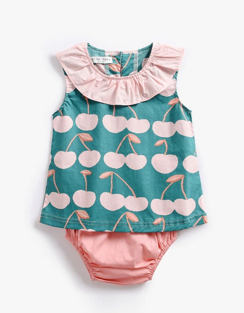 Load image into Gallery viewer, Baby Girl Cherry Print Ruffle Design O-Neck Tops Combo Shorts Sets In Summer by MyKids-USA™
