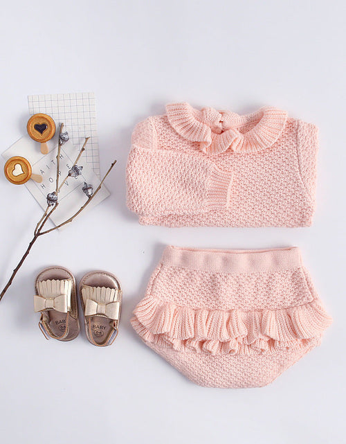 Load image into Gallery viewer, Baby Girl 1pcs Ruffle Neck Solid Shirts And Belted Triangle Shorts Fall Winter Knit Sets by MyKids-USA™
