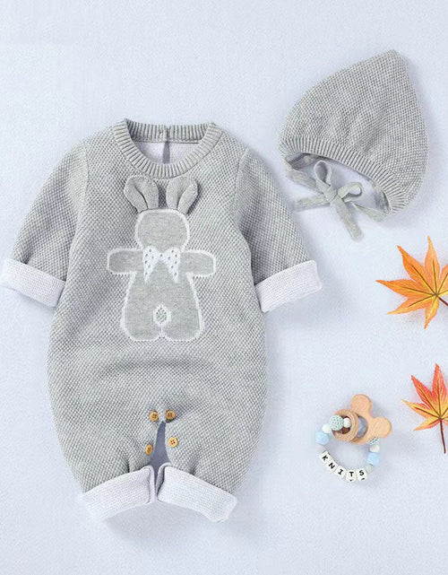 Load image into Gallery viewer, Baby Cartoon Bunny Embroidered Graphic Solid Warm Rompers With Hat by MyKids-USA™

