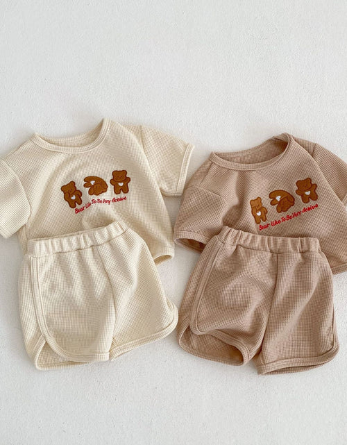 Load image into Gallery viewer, Baby Bear Embroidered Pattern Waffle Fabric T-Shirt Combo Shorts Sets by MyKids-USA™
