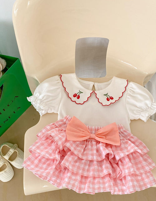 Load image into Gallery viewer, Baby Girl Cherry Laple Neck Shirt With Plaid Skirt Sets by MyKids-USA™
