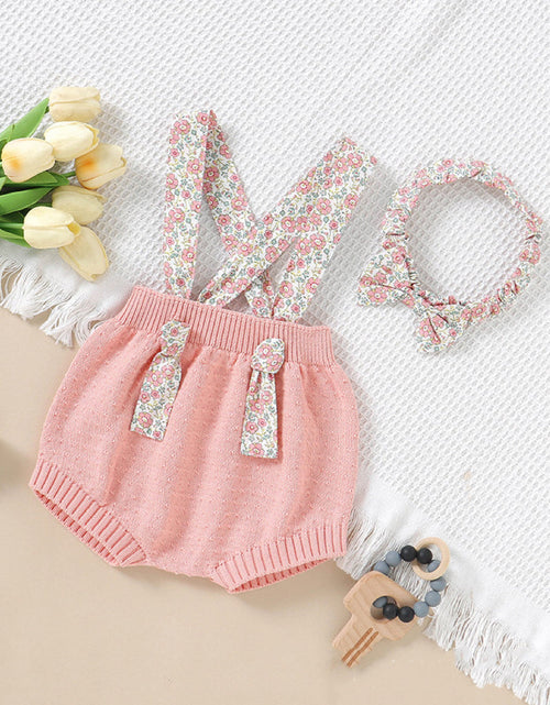 Load image into Gallery viewer, Baby Girl Ditsy Flower Sling Knitted Shorts Overalls With Headband by MyKids-USA™
