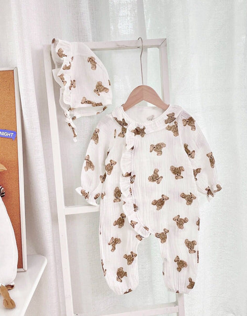 Load image into Gallery viewer, Baby Girls Bear Print Pattern Lace Design Round Collar Long-Sleeved Rompers With Hat by MyKids-USA™

