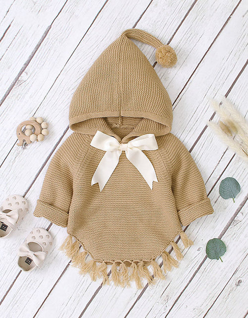 Load image into Gallery viewer, Baby Girl 1pcs Solid Color Big Bow Tie Patched Design Shawl Kniited Hoodies With Hat by MyKids-USA™
