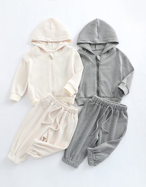 Load image into Gallery viewer, Baby Solid Color Waffle Knit Fabric Coat With Pants 2 Pieces Sets by MyKids-USA™
