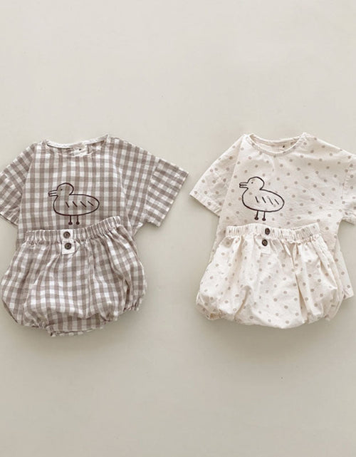 Load image into Gallery viewer, Baby Girl Plaid Polka Dot Pattern Duckling Print Short Sleeved Top Combo Pants Sets by MyKids-USA™

