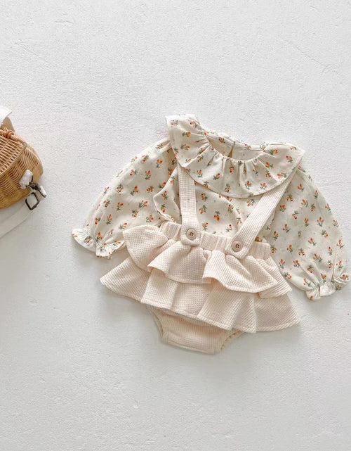 Load image into Gallery viewer, Baby Girl Floral Pattern Ruffle Neck Shirt Combo Corduroy Fabric Strap Dress Sets by MyKids-USA™
