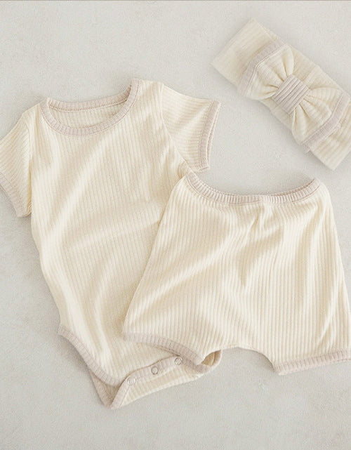 Load image into Gallery viewer, Baby Unisex Solid Color Comfy Cotton Onesies &amp; Shorts Sets With Headband by MyKids-USA™
