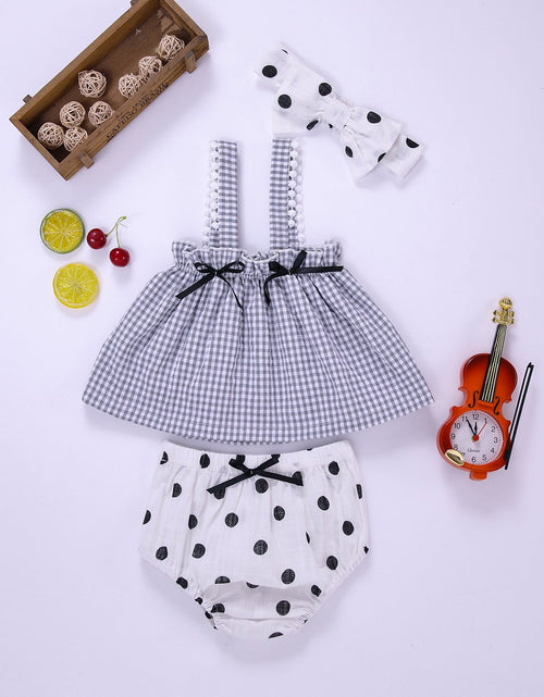 Load image into Gallery viewer, Baby Girl Plaid Pattern Sling Tops Combo Polka Dot Shorts With Handband Sets by MyKids-USA™
