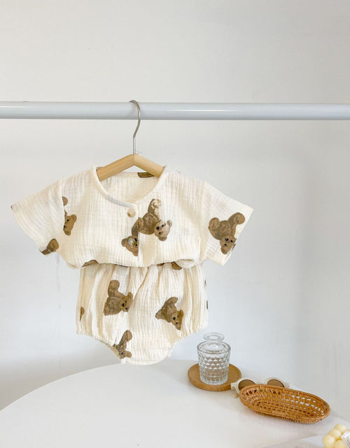 Load image into Gallery viewer, Baby Girl Bear Print Pattern Round Collar Shirt Top Combo Short Pants Sets In Summer Outfit Wearing by MyKids-USA™
