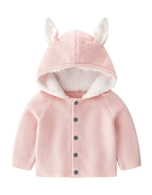 Load image into Gallery viewer, Baby Solid Color Bunny Ear Patched Hat Design Button Front Knitted Sweater Cardigan by MyKids-USA™
