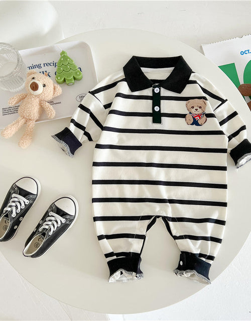 Load image into Gallery viewer, Baby Cartoon Bear Print &amp; Striped Pattern Polo Neck Long Sleeve Romper by MyKids-USA™
