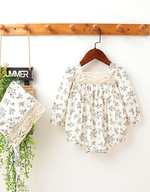 Load image into Gallery viewer, Baby Girl Floral Pattern Lace Patchwork Design Backless Bubble Sleeve Onesies With Hat by MyKids-USA™
