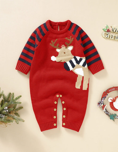 Load image into Gallery viewer, Baby Cartoon Elk Graphic Side Striped Sleeve Knitted Romper by MyKids-USA™
