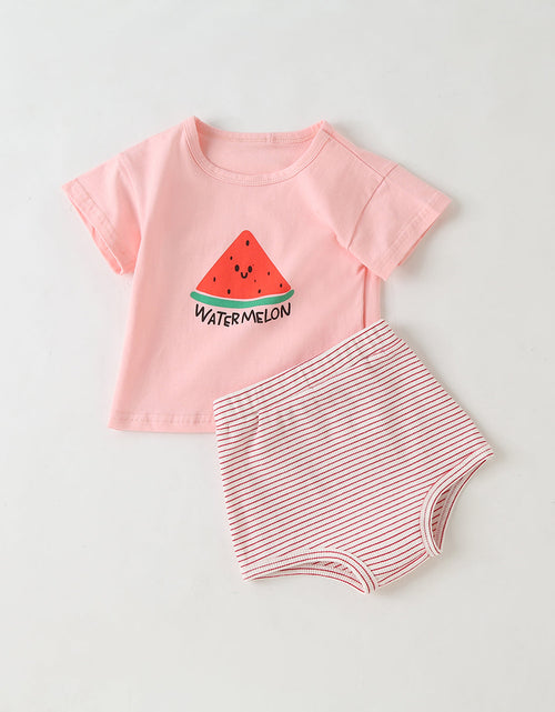 Load image into Gallery viewer, Baby Girl Fruit Pattern Short Sleeve Tops Combo Striped Graphic Triangle Shorts 1 Pieces Sets by MyKids-USA™
