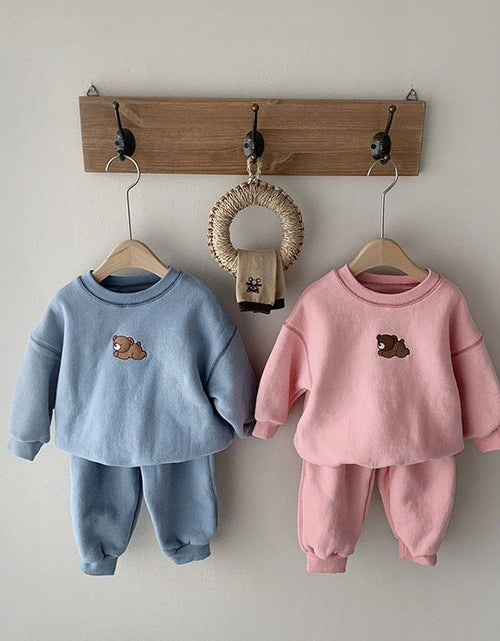Load image into Gallery viewer, Baby Cartoon Bear Patched Graphic Hoodies Combo Solid Trousers Casual 2 Pieces Sets by MyKids-USA™
