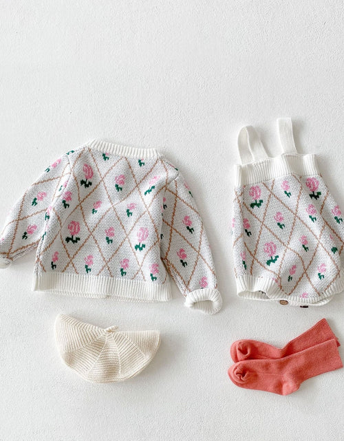 Load image into Gallery viewer, Baby Girl 1pcs Allover Roses Embroidered Graphic Crotch Bodysuit &amp; Cardigan Handmade Knitted Sets by MyKids-USA™
