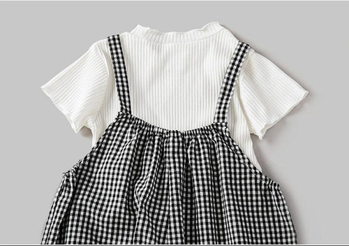 Load image into Gallery viewer, Baby Girl Solid Color Tops Combo Plaid Pattern Overalls 2-Pieces Sets by MyKids-USA™
