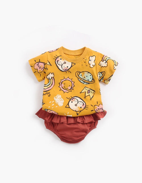 Load image into Gallery viewer, Baby Girl Cartoon Print O-Neck T-Shirt Combo Ruffle Shorts Sets In Summer by MyKids-USA™
