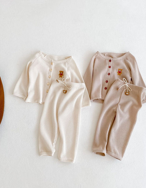 Load image into Gallery viewer, Baby Cartoon Bear Embroidered Graphic Button Front Waffle Knitted Cardigan Combo Pants Sets by MyKids-USA™
