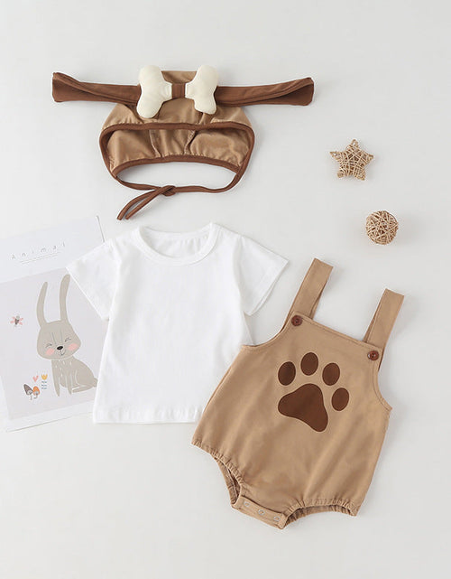 Load image into Gallery viewer, Baby Kids Puppy Print Pattern Short Sleeves With Straps Onesies In Set With Hat Of Puppy Shape by MyKids-USA™
