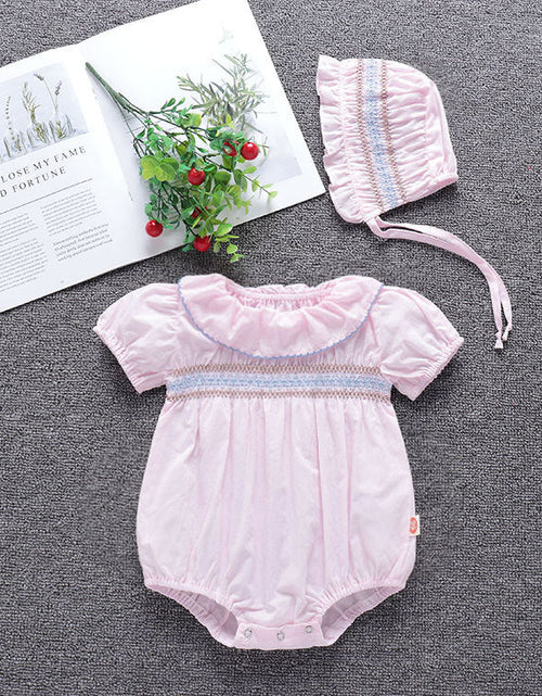 Load image into Gallery viewer, Baby Girl Embroidery Pattern Ruffle Collar Design Bubble Short-Sleeved Onesies With Hat by MyKids-USA™

