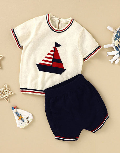 Load image into Gallery viewer, Baby Boy Embroidered Graphic Striped Neck &amp; Sleeve Design Tee Combo Shorts Sailor Style Sets by MyKids-USA™
