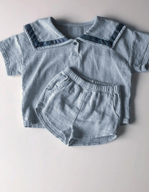 Load image into Gallery viewer, Baby Girl 1pc Contrast Tape Lapel Tops &amp; Shorts Navy Style College Sets by MyKids-USA™

