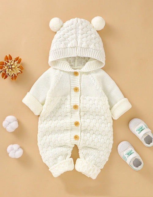 Load image into Gallery viewer, Baby 1pcs Cable Knitted Graphic Button Front Design Rompers With Hairball Patched Hat by MyKids-USA™
