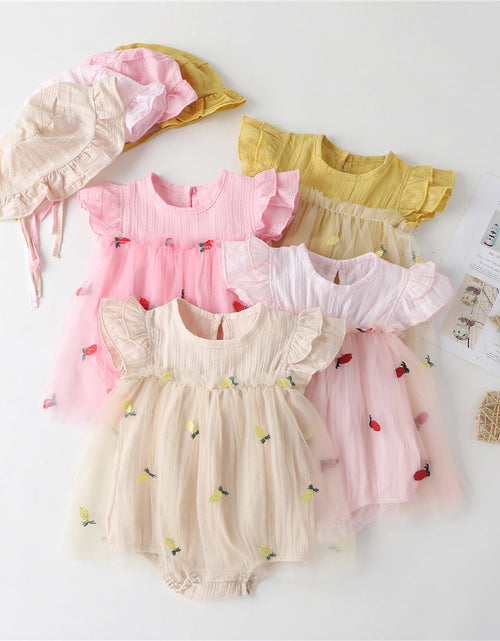 Load image into Gallery viewer, Baby Girl 1pcs Solid Color Pineapple Embroidered Mesh Overlay Flounce Sleeves Onesies Dress by MyKids-USA™
