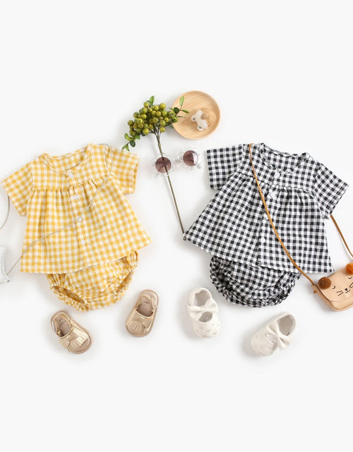 Load image into Gallery viewer, Baby Girl Plaid Pattern Single Breasted Design Shirt Combo Shorts Sets by MyKids-USA™
