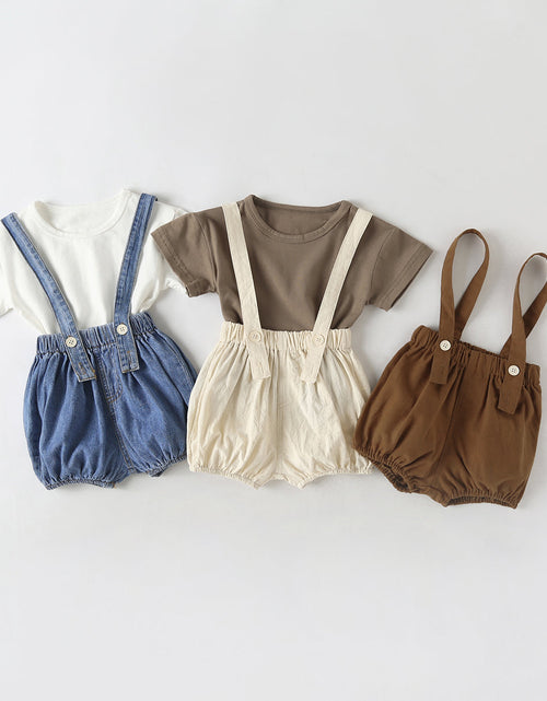 Load image into Gallery viewer, Baby Girl Solid Color Tee Combo Denim Strap Shorts 1-Piece Sets by MyKids-USA™
