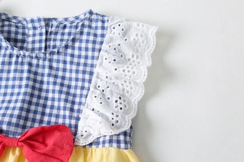 Load image into Gallery viewer, Baby Girl Plaid Pattern Lace Patchwork Bow Sleeveless Princess Onesies In Summer by MyKids-USA™
