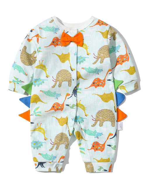 Load image into Gallery viewer, Baby Boy Dinosaur Pattern Bow Tie Patched Design Snap Button Romper Jumpsuit by MyKids-USA™
