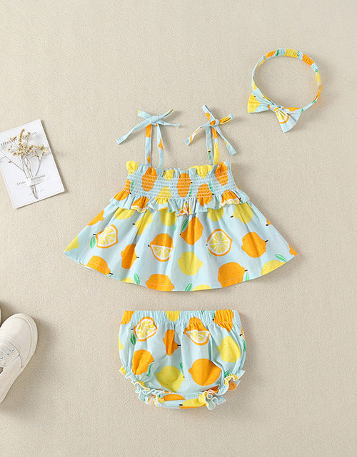 Load image into Gallery viewer, Baby Girl Lemon Fruit Print Sleeveless Dress Combo Short Pants In Sets by MyKids-USA™
