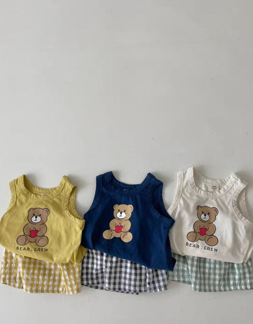 Load image into Gallery viewer, Baby Bear Print Pattern Tops With Plaid Shorts Sets by MyKids-USA™
