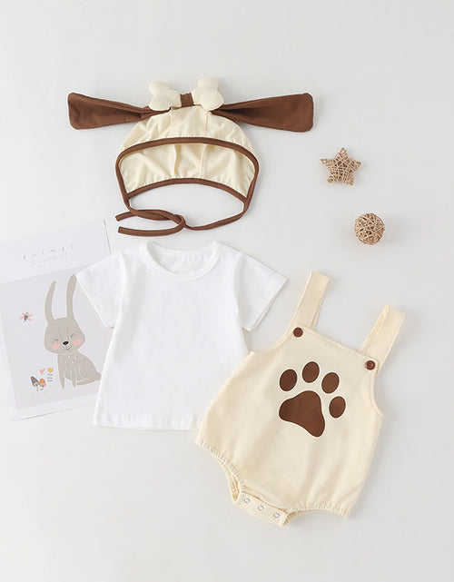 Load image into Gallery viewer, Baby Kids Puppy Print Pattern Short Sleeves With Straps Onesies In Set With Hat Of Puppy Shape by MyKids-USA™
