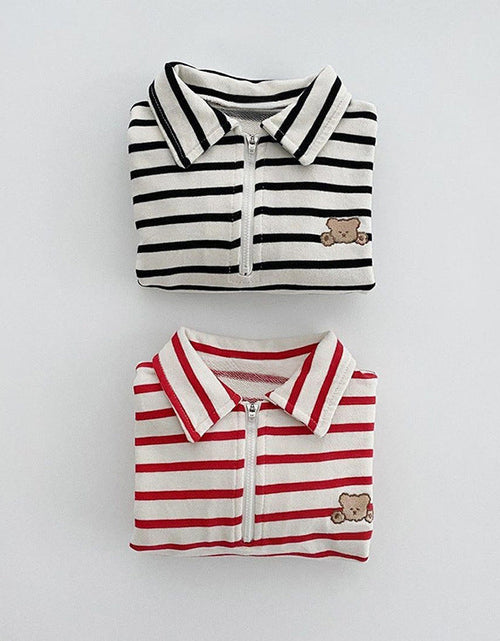 Load image into Gallery viewer, Baby Striped &amp; Cartoon Patched Graphic Polo Neck Long Sleeves Bodysuit Onesies by MyKids-USA™
