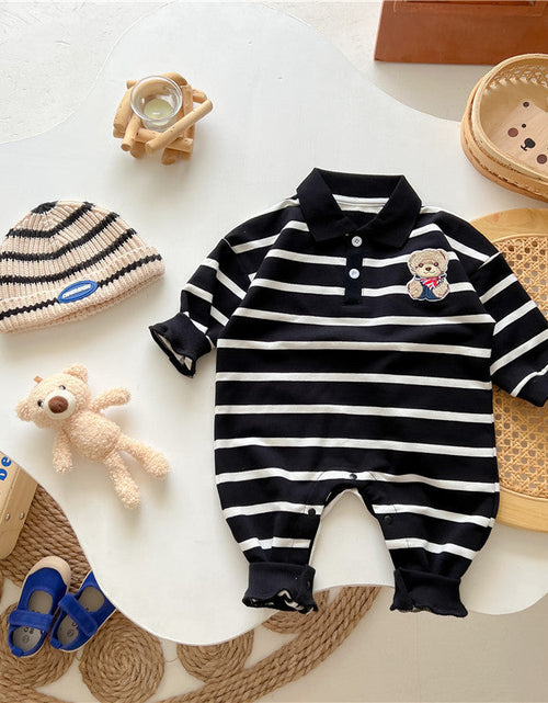 Load image into Gallery viewer, Baby Cartoon Bear Print &amp; Striped Pattern Polo Neck Long Sleeve Romper by MyKids-USA™

