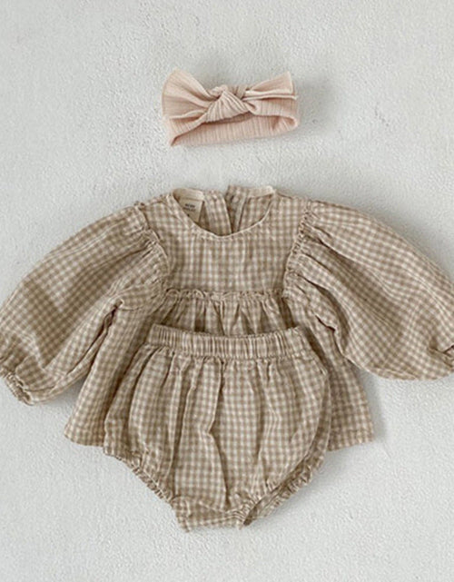 Load image into Gallery viewer, Baby Girl Plaid Pattern Loose Blouses WIth Shorts Headband 3 Pieces Sets by MyKids-USA™
