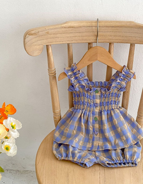 Load image into Gallery viewer, Baby Plaid Pattern Sling Blouses With Shorts Summer Sets by MyKids-USA™
