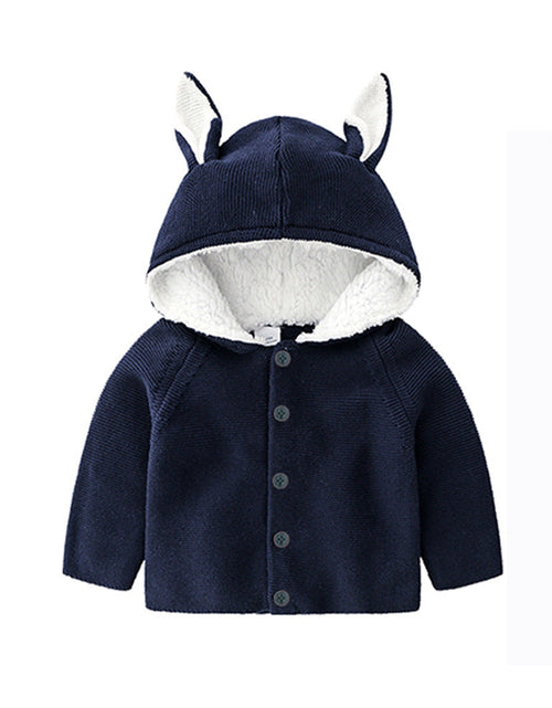 Load image into Gallery viewer, Baby Solid Color Bunny Ear Patched Hat Design Button Front Knitted Sweater Cardigan by MyKids-USA™
