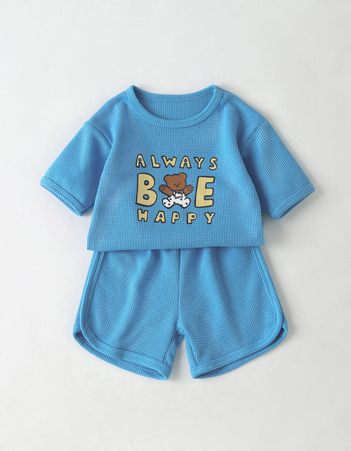 Load image into Gallery viewer, Baby Cartoon Bear &amp; Slogan Pattern Waffle Fabric Tops Combo Solid Shorts 1-Piece Sets by MyKids-USA™
