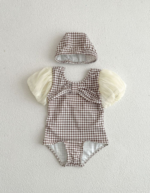 Load image into Gallery viewer, Baby Girl Plaid Pattern Mesh Sleeves Patchwork Swimwear With Hats by MyKids-USA™
