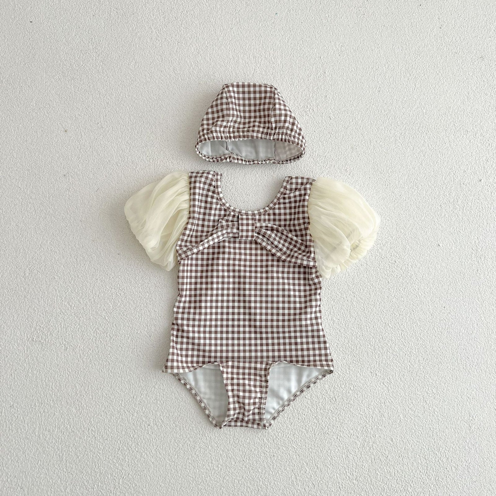 Baby Girl Plaid Pattern Mesh Sleeves Patchwork Swimwear With Hats by MyKids-USA™